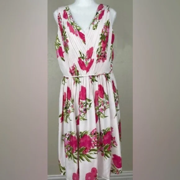 Boden Pink and Green Pleated Midi Sundress